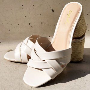 NEW Multi Crisscross Straps Natural Raffia Oval Block Heel Slip On Slide Sandals